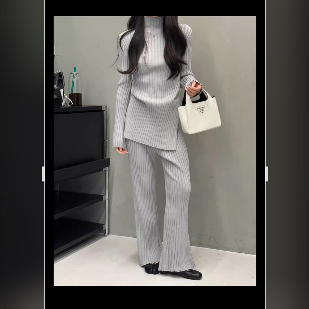 NEW Korea Blossom Grey Ribbed Knit Top Pants Set (COS, Ssense, Toteme, The Row)